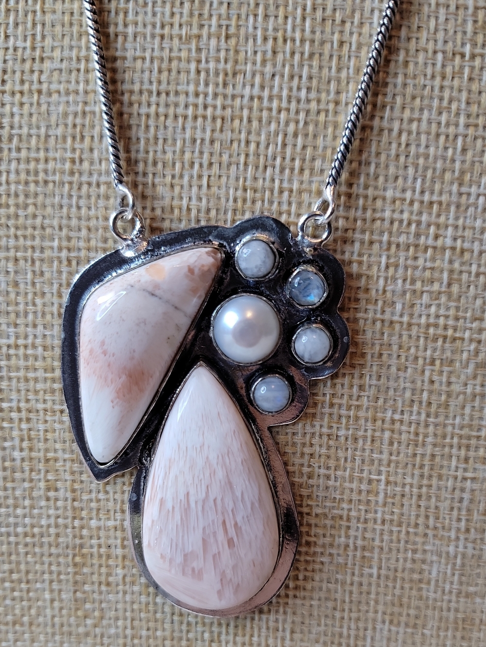 Artisan Sterling Silver Scolecite Rainbow Moonstone And Pearl Boho Necklace